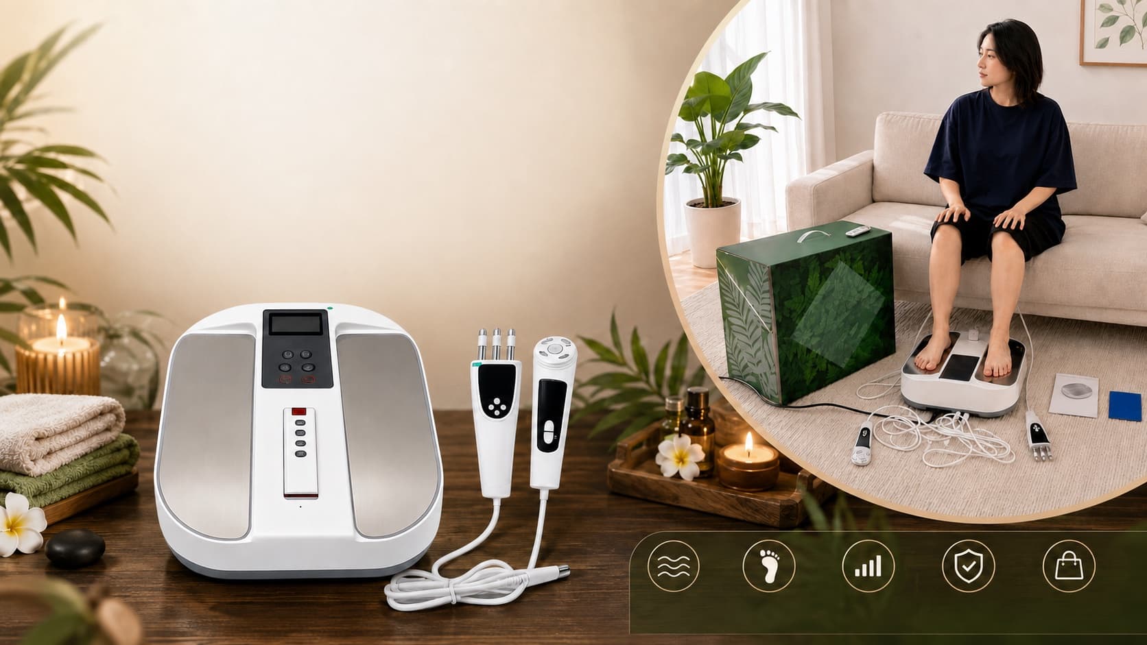 Y-Rising home wellness therapy device with foot massage and handheld accessories